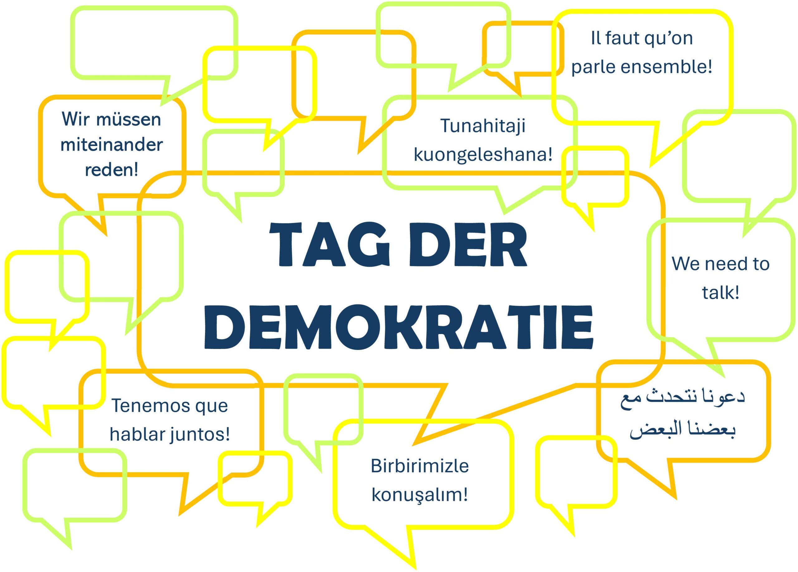 Zentrale Schrift 'TAG DER DEMOKRATIE' umgeben von Sprechblasen mit mehrsprachigen Aufforderungen zum Gespräch, darunter Deutsch, Englisch, Spanisch, Französisch, Arabisch, Türkisch und Suaheli.